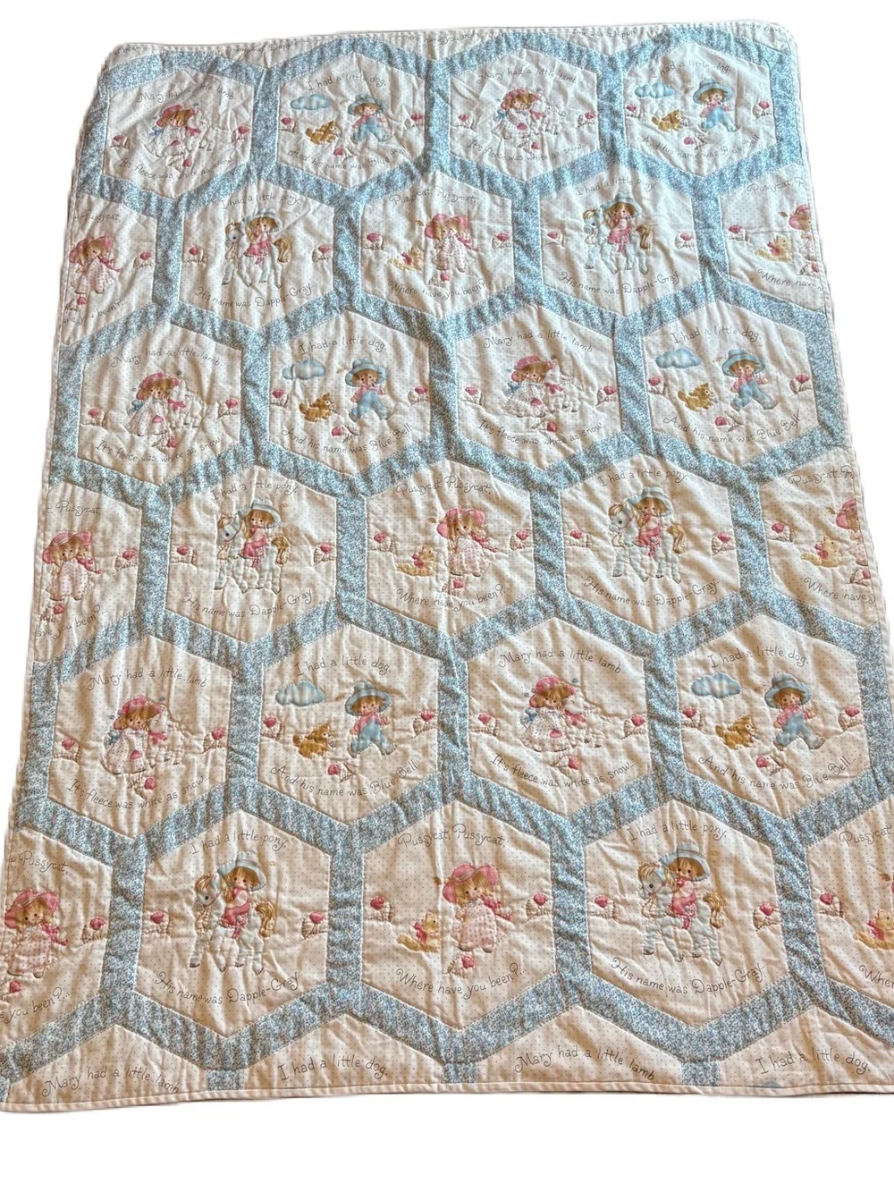 Vintage Nursery Rhyme Handmade White Light Blue Hexagon Patchwork Baby Quilt